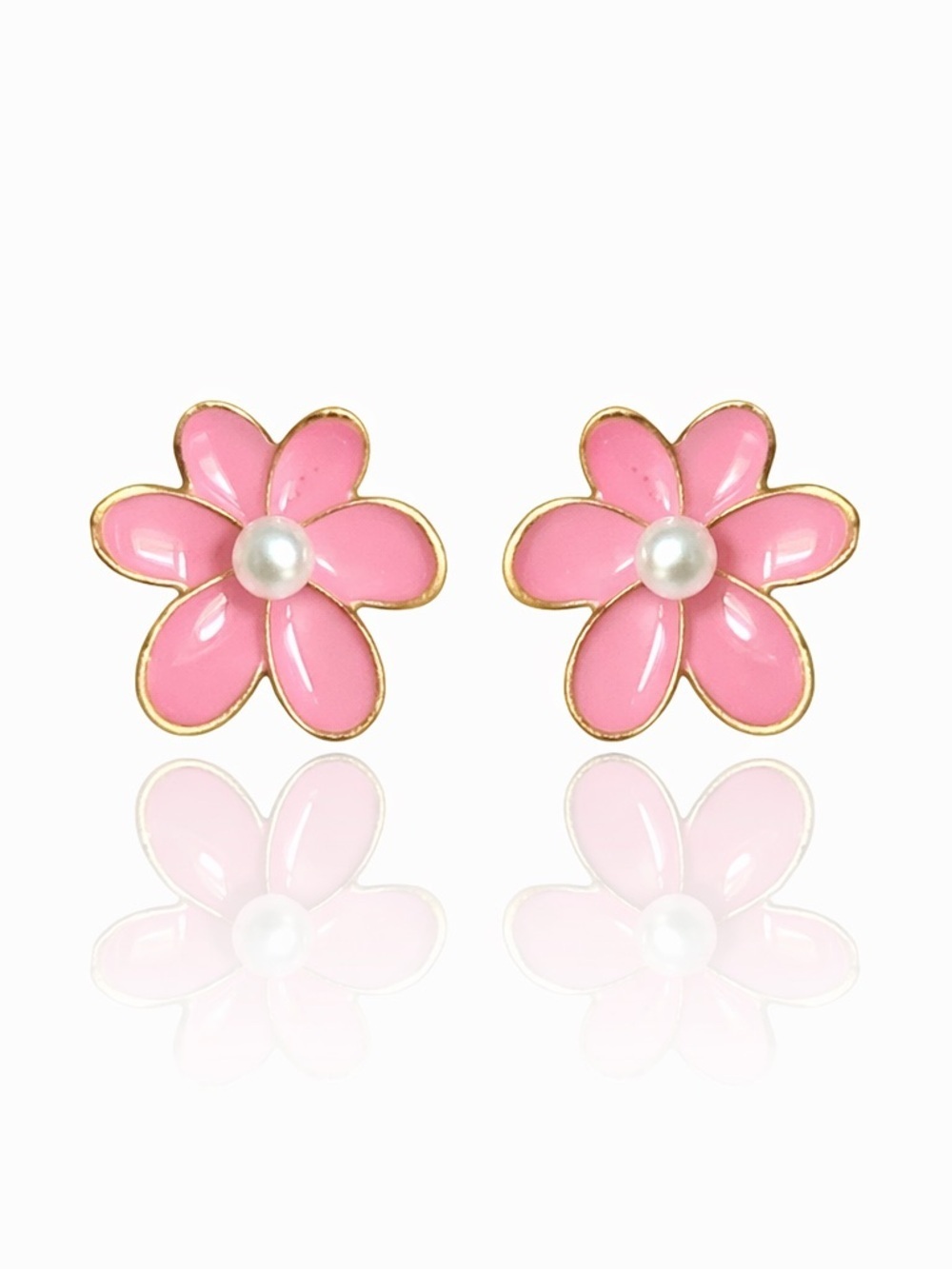 Pink Flower Pearl Center Stud Earrings